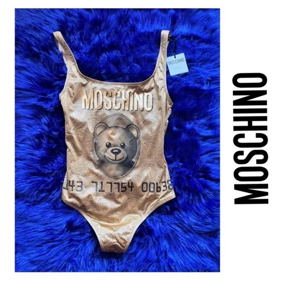 New! MOSCHINO Logo Bear Toy Scoop Open Back One Piece Swimsuit - Picture 1 of 7
